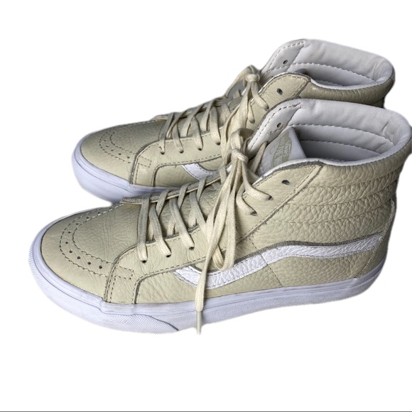 Cream White Leather Suede Sk8 Hi Top Vans Sneakers Mens 5 Womens 6.5 - Picture 2 of 10